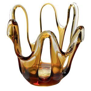 Vintage 1970s Art Glass Large Amber Colored Freeform Cutout Vase Unique MCM